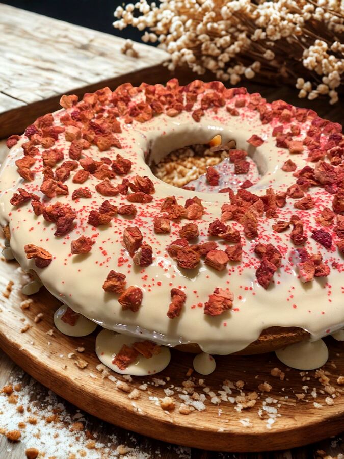 Tort inelar cu glazură de ciocolată albă și zmeură liofilizată