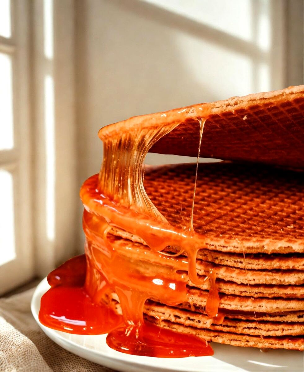 Stivă de stroopwafels artizanale peste care se scurge caramel cald, în lumina ferestrei